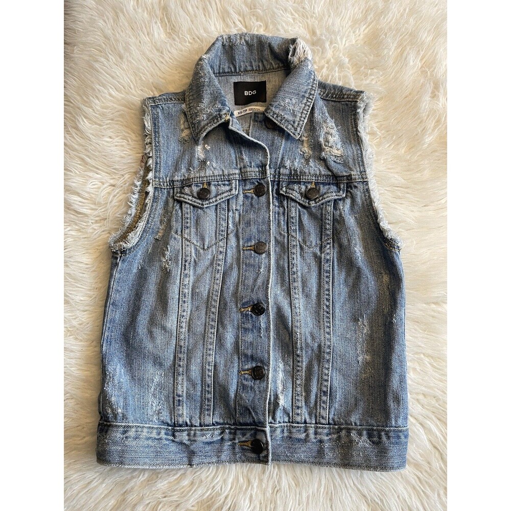 BDG XS Denim Vest Distressed American Flag Design 4th Of July Patriotic Bin7